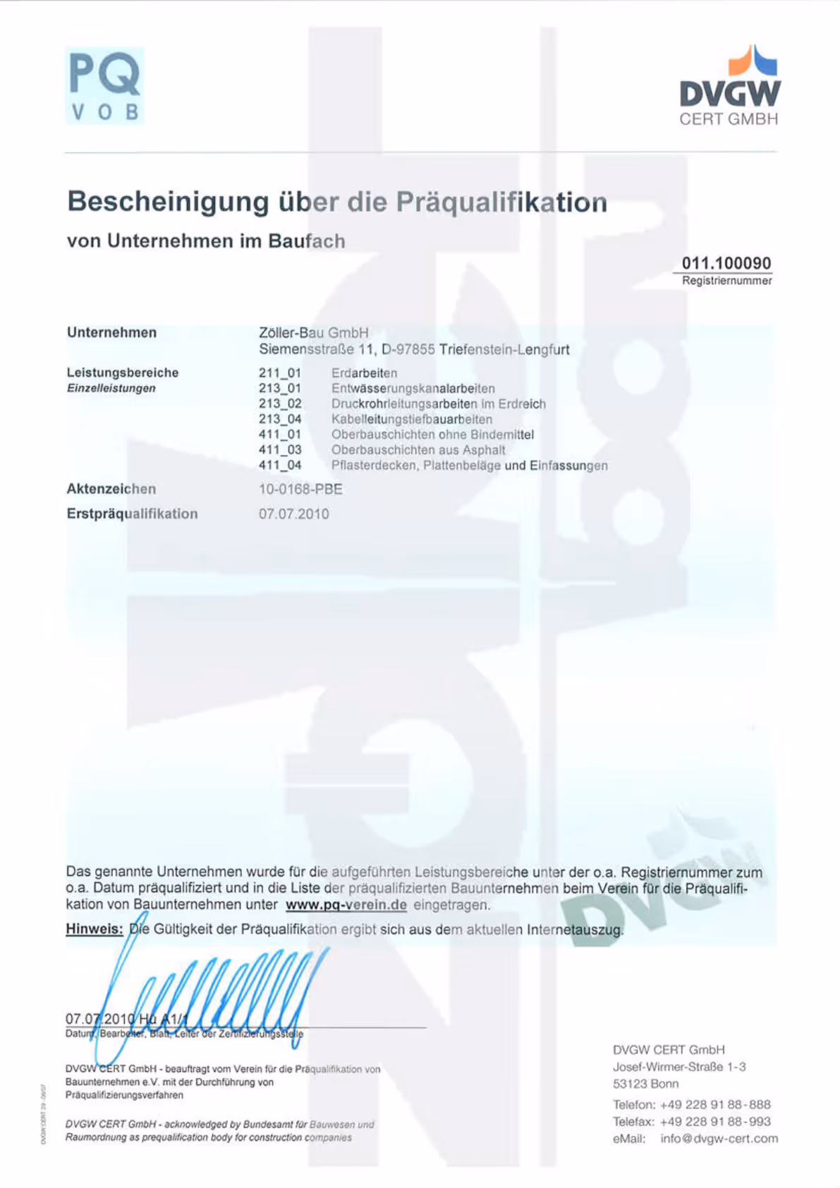 Präqualifikation der Zöller Bau GmbH
