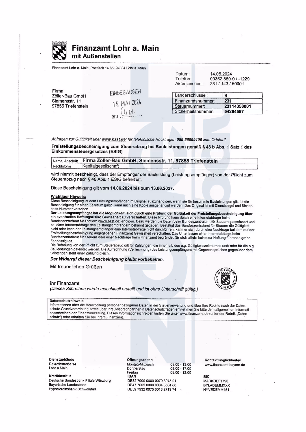 Freistellungsbescheinigung der Zöller Bau GmbH