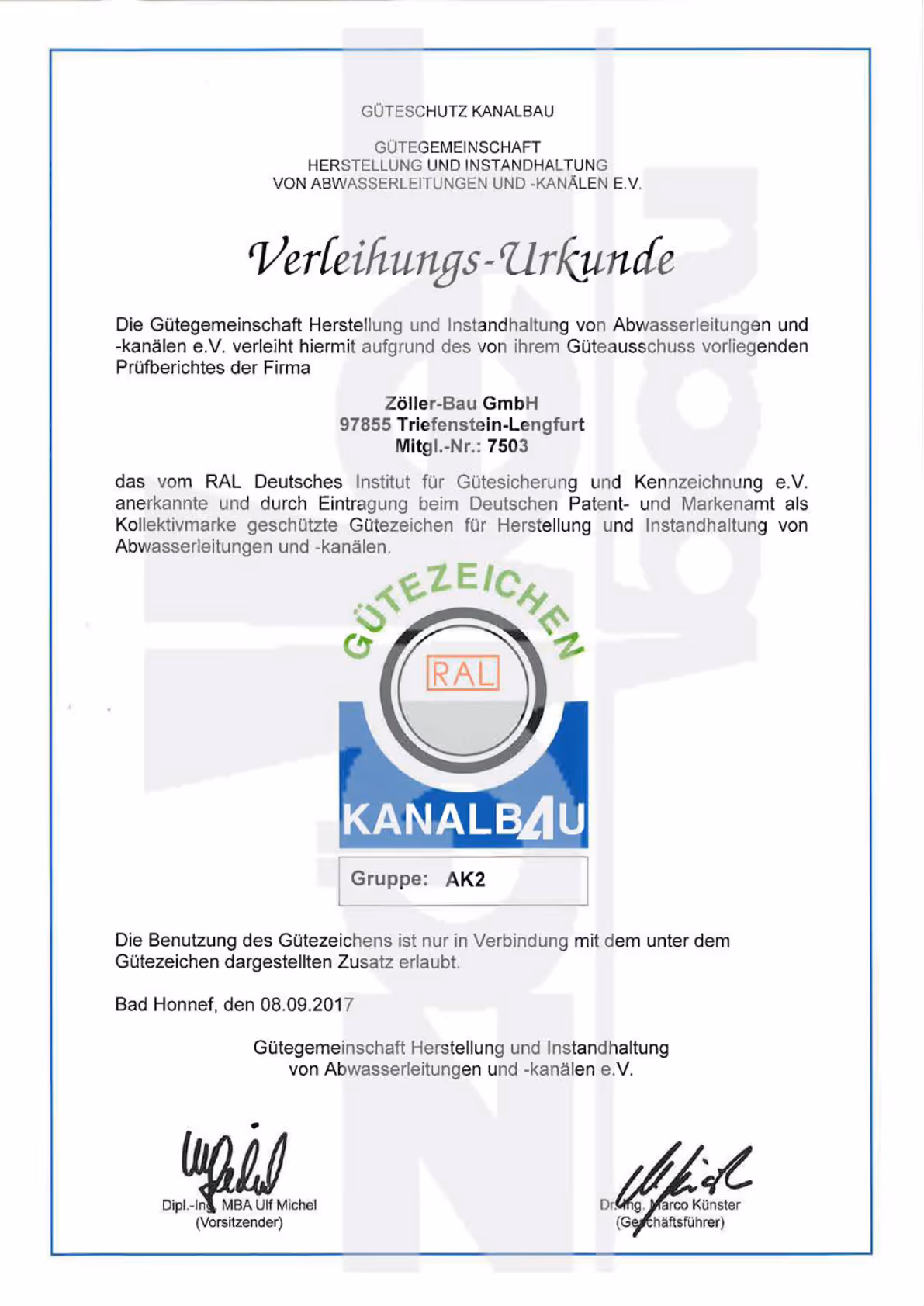 Gütezeichen Kanalbau der Zöller Bau GmbH