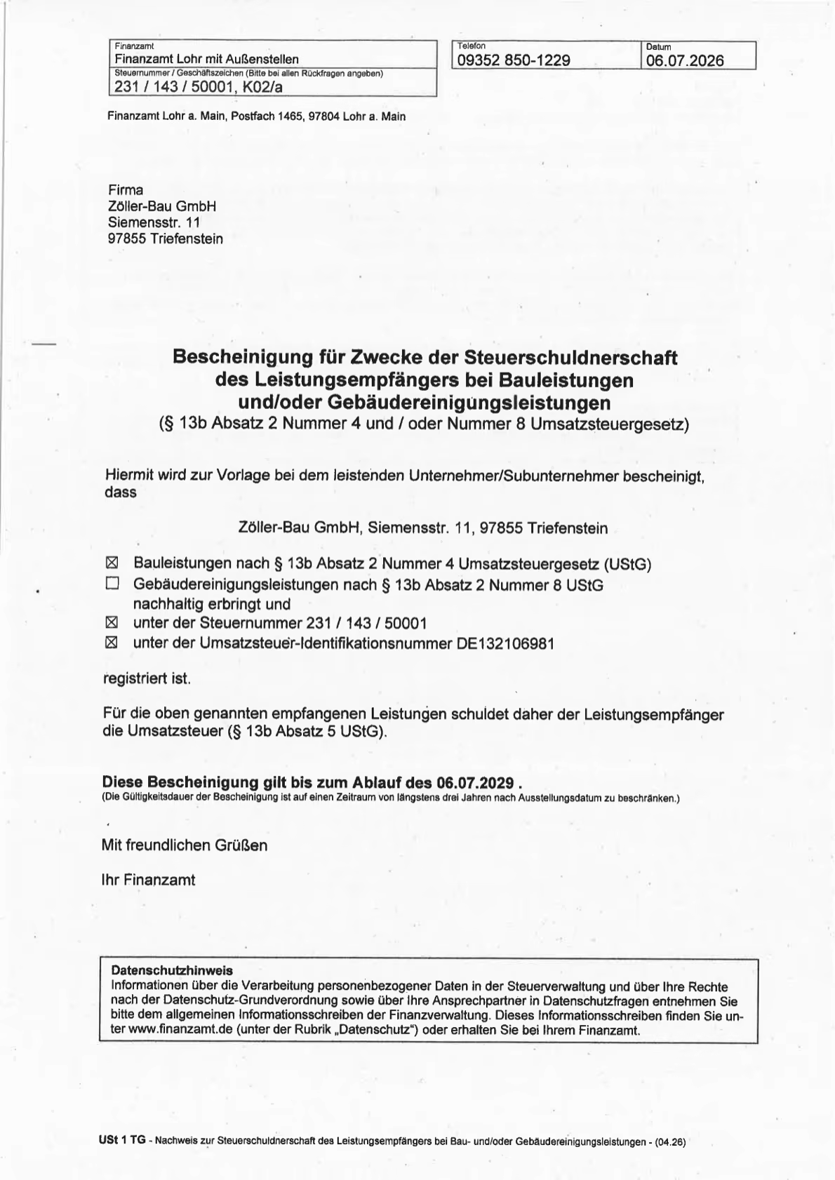 §13b-Bescheinigung der Zöller Bau GmbH